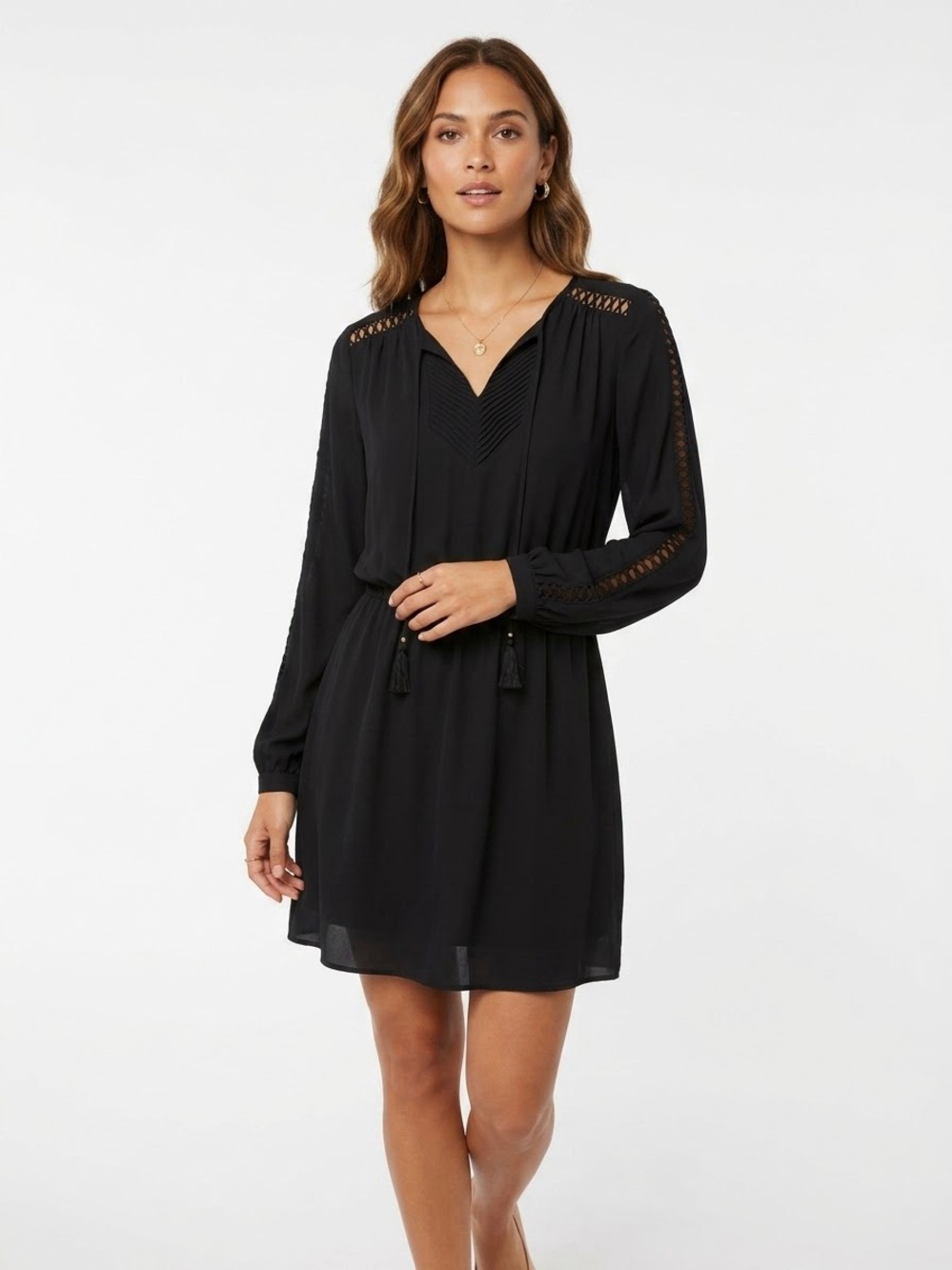 White House Black Market Black Long-Sleeve Tassel V-Neck Mini Dress